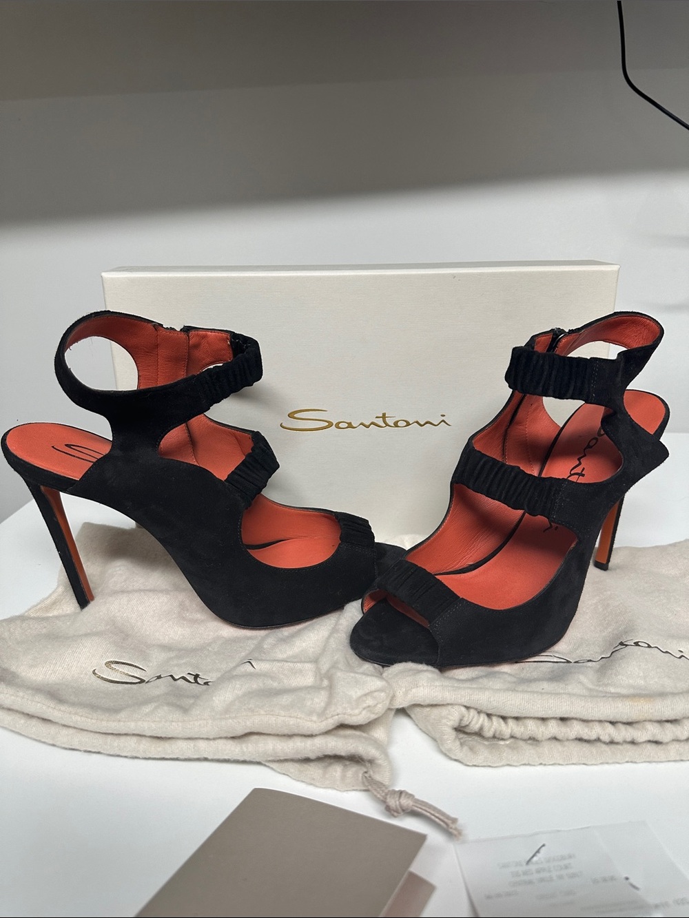Santoni Black Suede Stiletto Sandals with Orange Lining